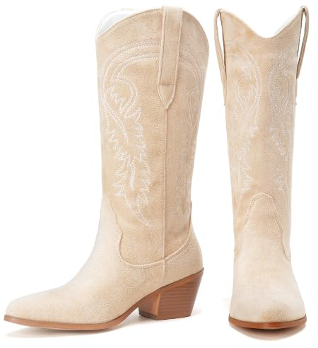 COOLCEPT Wetsern Cowboy Boots Embroidered Mid Calf Boots Pull on