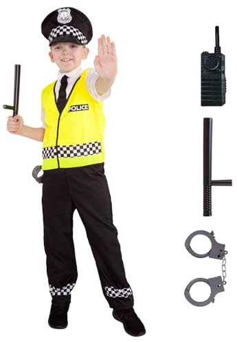 Morphsuits Kids Polisdräkt för Barn - Komplett Gul Polisuniform med Väst, Hatt, Batong & Handbojor, 2 Storlekar, S