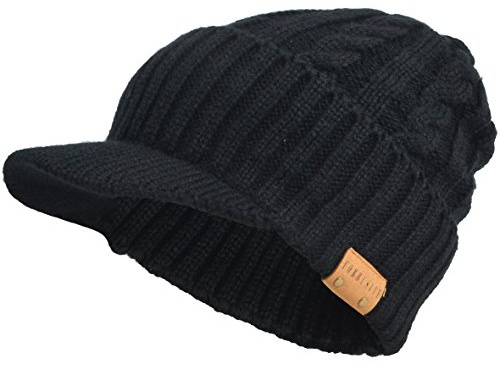 Uomo Maglia Visiera Beanie Vello Foderato Polsino Inverno Giornaliero Cappellino (Cavo Nero)