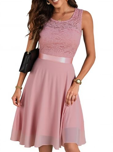 Berylove Abiti da Cocktail Corto Pizzo Chiffon Elegante Abito da Sposa da Sera per BanchettiBLP7005 B-Blush XL
