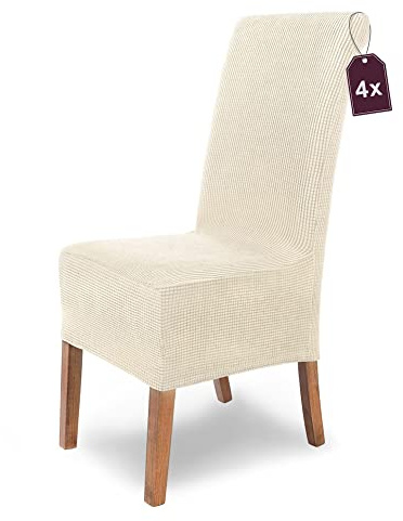 Scheffler Home Stuhlhussen Weiß-Ecru 4er Set Sofia – Stretch Stuhlbezüge für Esszimmerstühle und Polsterstühle – Waschbar, Oeko-TEX® Zertifiziert