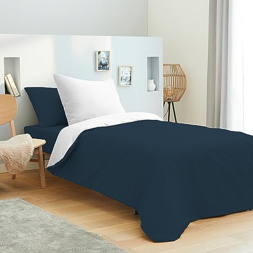 UNIVERSDECOR Set completo di 4 pezzi, bicolore reversibile, copripiumino 140 x 200 cm, per letto 90 x 190 cm, 100% cotone, 57 fili/cm² (blu marino/bianco, copripiumino 140 x 200 cm, letto 90 x 190 cm)