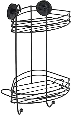 WENKO Vacuum-Loc® Eckregal 2 Etagen Schwarz, Duschablage mit 2 Ebenen und 2 Haken aus lackiertem Stahl im Loft-Stil, Wandablage zur Befestigung ohne Bohren mit Vakuum-Befestigung, 23 x 43 x 21 cm