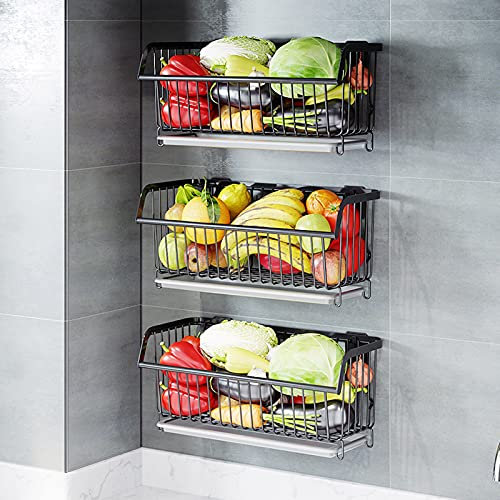 AILILI Cesta Colgante Frutero Pared -Estantes para Fruta,Fuerte Capacidad De Carga,Cesta De Frutas Y Vegetales De Metal,para Cocina,Frutas,Verduras,Artículos De Tocador,Negro/Plata