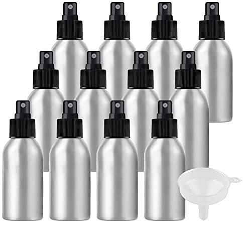 ZEOABSY Pack of 12 Empty 100ml Silver Aluminium Spray Bottle Refillable Aluminum Bottles with Black Fine Mist Sprayer Metal Spray Bottles for Perfume Hair Garden Travel, Funnel