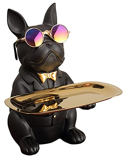 NeeyBing Hundefigur Bulldogge Form Aufbewahrungstablett Münzbank Heimdekoration Ornament Kunstharz Kunstskulptur Figuren Geschenk 23,5 x 20 x 19 cm