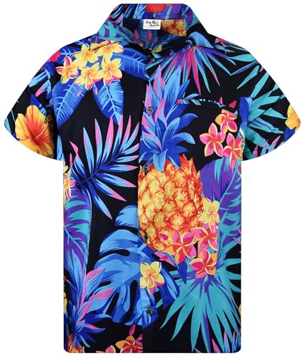 King Kameha Funky Hawaii-skjorta män kortärmad framficka party palmblad ananas tryck, Ananas svart-blå, S