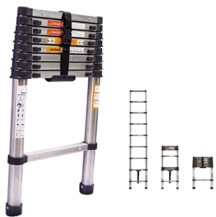 Scala telescopica da 2,6 m, in acciaio inox, pieghevole, resistente, carico massimo 150 kg, altezza regolabile facile da estendere, dimensioni piegate, salvaspazio, per casa, ufficio, fai da te,