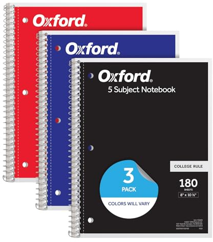 Oxford Spiral Notebooks, 3 Pack, 5 Subject, College Ruled Notebooks for School, 8 x 10.5 Inches, 180 Sheets, 4 Dividers, Assorted Colors, Back to School Supplies (65203)