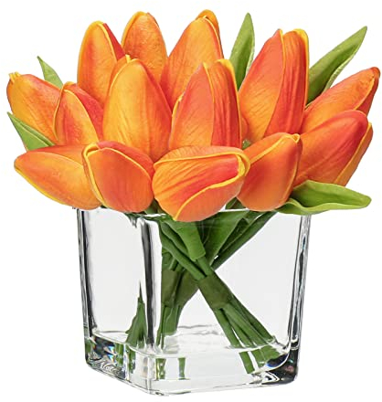 Oairse 14 piccoli fiori artificiali in vaso, tulipani finti realistici al tatto, in vaso di vetro cubo, con mini bouquet di tulipani arancioni, decorazione per la casa, matrimoni, centrotavola,