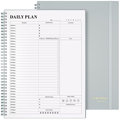 Planer Undatiert, Asten Tagesplaner, Agenda mit To-Do-Liste, Stundenpläne für Damen und Herren, Spiral-Terminbuch mit Gummizugverschluss, Innentasche 21,6 x 28 cm (Grau)