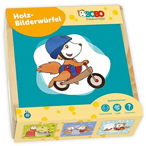 TRÖTSCH - Bobo Siebenschläfer Bilderwürfel Puzzle : in praktischer Holzbox mit Schiebedeckel als Reisespiel geeignet
