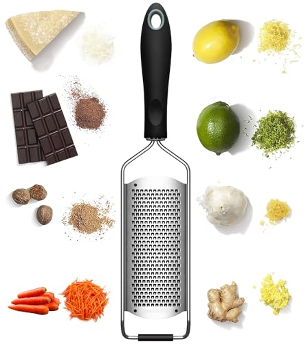 Parmesan Cheese Grater, Zester Grater Ideal for Grating Fine Parmesan Cheese, Lemon, Gingers, Garlic. Hand Grater Sharp Wide Stainless Steel, Dishwasher Safe, TPR Soft Handle