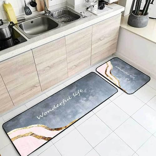 DIPACE Küchenteppiche rutschfest, 2 Stück Modern Rosa Grau Küchenmatte Anti-Ermüdungs-Stehmatte Bereichsteppiche Anti-Ermüdungsmatte Für Küche Büro,50 * 80cm+50 * 160cm
