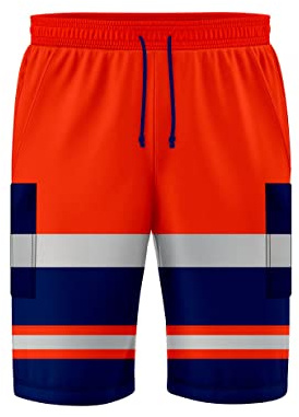 NOROZE Hi Viz säkerhetsarbete 3/4 shorts med grå hög synlighet reflekterande fluorescerande tejp Hi Vis tvåfärgad strid sidoficka underdel joggingbyxor last arbetskläder S-2XL, Stil 2: Neon Orange/Marinblå, XL
