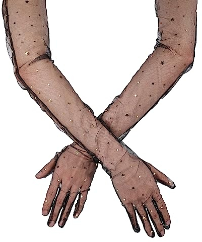 2stk Brauthandschuhe Lang mit Glitzernden Pailletten, 70 cm Lange Halbfinger Spitzenhandschuhe Lang aus Glattem Stretch-Mesh-Tüll Brauthandschuhe für Oper Halloween Kostüm Party Tanz (Schwarz)
