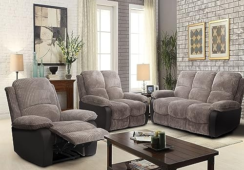 Comfy Living Fabric Jumbo Cord Recliner Sofa 3 Seater 2 Seater 1 Seater Chair Grey or Brown (3 Seater Sofa Only, Grey)