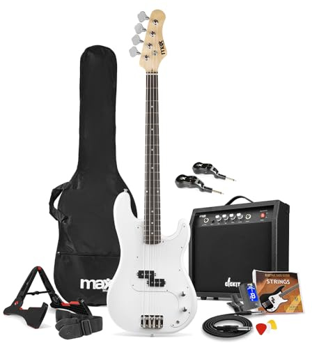 Max GigKit Wireless Electric Beginner Bass Guitar Pack with 40W Amp, Wireless UHF System, Digital Tuner, Gig Bag, Strap, Picks & Online Lessons - White