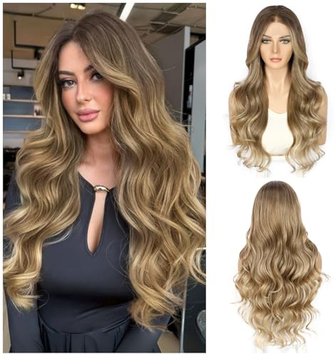 Sapphirewigs Ombre Lace Front Perücke Hellbraun Synthetische Körper Welle Balayage Perücke Damen Party Datum Täglich Tragen Natürlich Aussehen Weihnachten 26inch