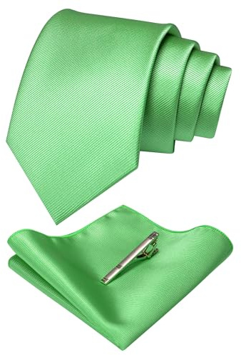 JEMYGINS Seide Krawatte Krawatten und Einstecktuch mit krawattenklammer Set für Herren Seidenkrawatten Hochzeit Schlips Hellgrün
