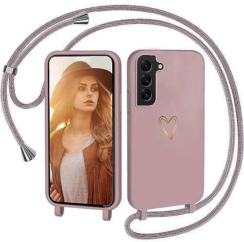CaseLover Handyband für Samsung Galaxy S21 Hülle mit Band, Pink | Herz Muster, Silikon Necklace Handyhülle mit Abnehmbar Kordel zum Umhängen, Stossfest Bumper Handy Schutzhülle Case
