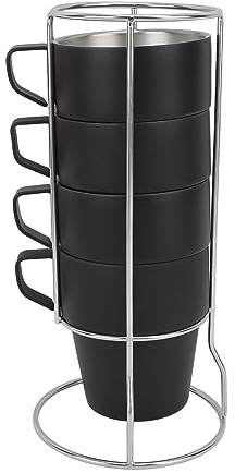 BestAlice Ensemble de Tasses à Café Empilables avec Support Noir en Acier Inoxydable Double Couche Isolée Facile à Laver avec Support en Métal pour le Camping pour Jus de Café Glacé