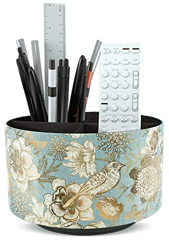Czzmy Rund Stiftehalter,Leder,360° drehbar,Fernbedienungshalter, drehbarer Nachttisch, TV-Fernbedienung, Schreibtisch-Organizer für Stifte, Bürobedarf, Aufbewahrungsbox(1-Blauer Vogel)
