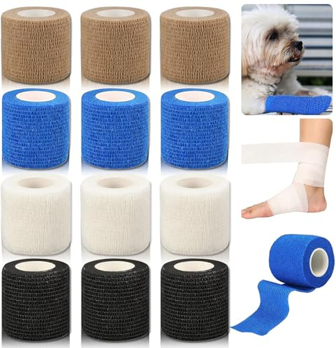 PIWOSGOL 12 Rollen Selbstklebender Verband, 5cm x 4.5m Selbsthaftende Bandage für Erste Hilfe, Elastische Fixierbinde Cohesive Bandage Haftbandage für Hund/Katze/Fingern/Knöchelverstauchungen