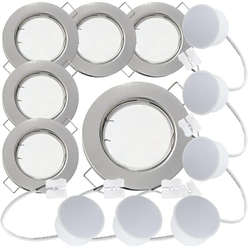6er Set Flache Milchglas SMD LED Modul Einbauleuchten | Farbe Edelstahl gebürstet | 5W | 230V | Starr | Klemmring | LED Spots für die Decke bei wenig Einbautiefe | Wohnzimmer | Küche | Schlafzimmer