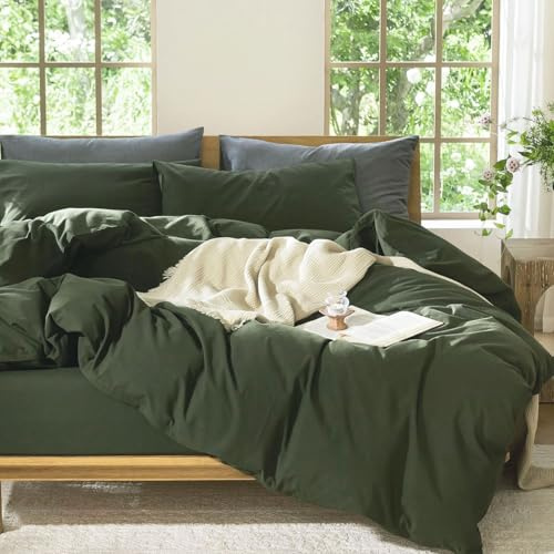 Tospass Baumwolle Bettwäsche 135x200cm Grün Olivgrün Unifarben Baumwolle Renforce Bettwaren-Sets Leinenoptik Uni Deckenbezug Elegant Bettbezug mit Reißverschluss und Kissenbezug 80x80cm