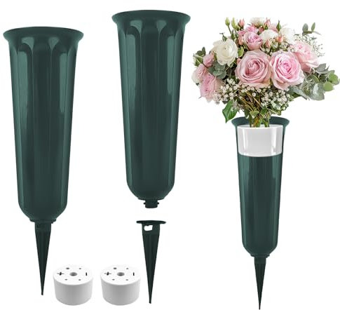 2PCS Cemetery Vases With Spike and Base, Memorial Flower Vases, Plastic Grave Flower Pots for Garden Yard (Green)