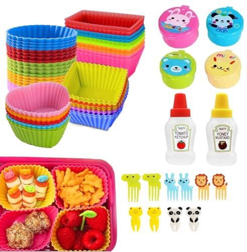 56 Pcs Silicone Cupcake Liners Lunch Box Dividers,Bento Box Accessories Set, Mini Salad Bottles with Mini Container and Fruit Picks,Reusable and BPA Free