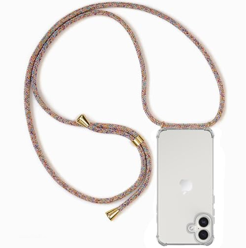 ZYIMOU für iPhone 16 Hülle mit Band, Handyhülle iPhone 16 Handyband Hülle mit Kette Schutzhülle Kordel zum Umhängen Transparent Weich TPU Silikon Bumper, Rainbow