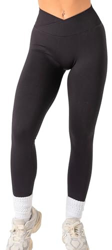 TAYOEA Sport Leggings Damen V Cross Stretch Push Up Yoga Leggings Scrunch Butt Fitness Leggings High Waist Seamless Workout Sportleggins Booty Lifting Elastisch Yoga Gym Hosen Schwarz,M