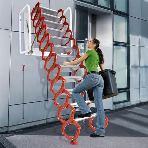 Heavy Duty 12 Step Folding Attic Stairs with Handrails Wall Mounted Loft Ladder Extension Kit for 9.8ft Height Attics Orange Color