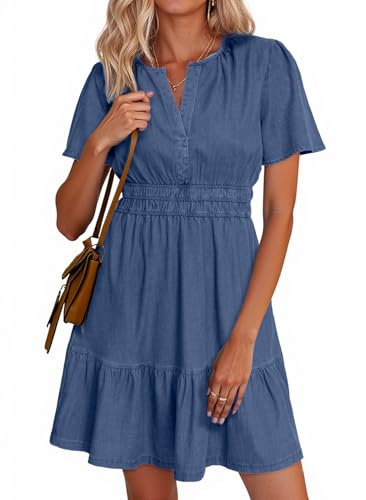 Simplee Womens Summer Denim Dress Casual Short Sleeve Mini Dress Boho Beach Flowy Tiered Short Jean Dresses with Pockets,Denim Deep Blue,L
