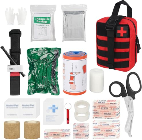 Mineup Erste Hilfe Set Outdoor, 54 PCS Erste Hilfe Trauma Set, Medizinische Taktische Tasche, Erste Hilfe Tasche, Reiseapotheke Tasche für Haus, Auto, Camping, Wandern, Sport (Rot PRO)
