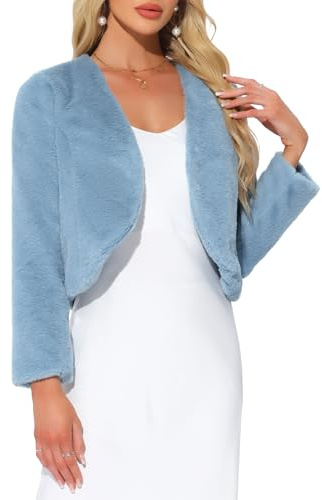Allegra K Chaqueta Recortada para Mujer Abrigo de Invierno Bolero de Manga Larga con Frente Abierto de Piel Sintética Gris azul L