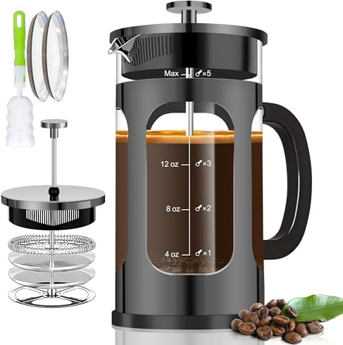 YMMIND French Press Coffee Maker (21oz 600ML 3-4Cup) Coffee Press, with 4 Filters System, Heat Resistant Thickness Borosilicate Glass, Cold Brew Coffee Tea Pot Gifts (Bright Black)