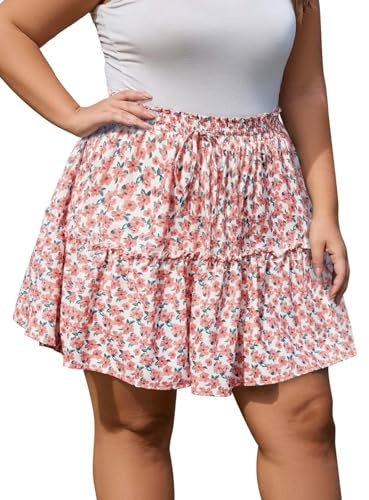 Moon Wood Jupe Short Femme Floral à Volants Jupe Courte Évasée Taille Haute Élastique Mini Skirt avec Short Décontractée Grande Taille Fleur01 XL