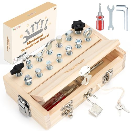 Vanplay Montessori Toys for 3 4 5 Year Olds, Montessori Screwdriver Board Set with Lock and Key - Kids Tool Set for Toddlers Travel, Fine Motor Skills Wooden Toys