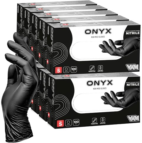 Generico ONYX 1000 Guanti Nitrile Neri S monouso senza polvere, ipoallergenici per Estetisti, Tatuatori, Manipolazione degli Alimenti
