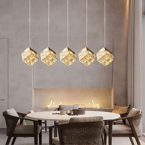AIAO Hängelampe Zauberwürfel Moderne LED-Pendelleuchte Tisch Hängelampe Esstisch K9-Kristall Hängeleuchte For Wohnzimmer Esszimmerlampe Höhenverstellbar Lampen Mit Fernbedienung Dimmbar(A,5 lights)