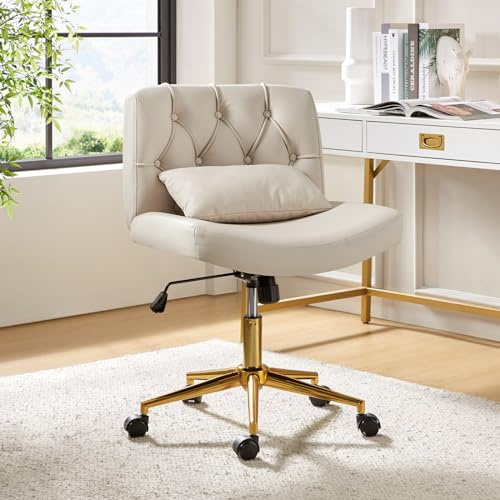 HULALA HOME Moderner Bürostuhl ohne Armlehnen Schreibtischstuhl Höhenverstellbar Drehstuhl wippfähig mit Kissen & Stoffbezug Schneidersitz Stuhl mit Rollen, Beige