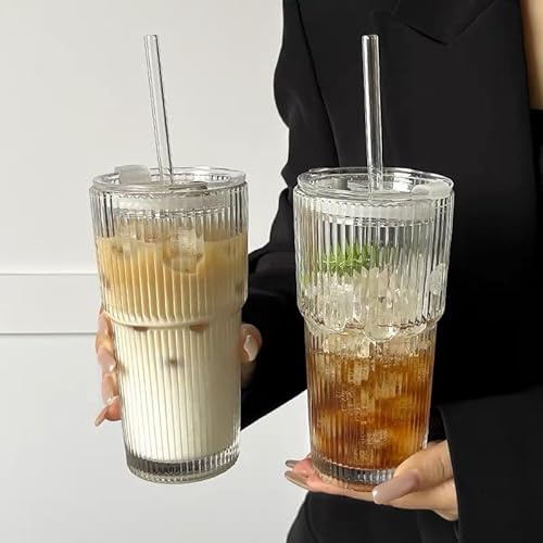 2 st 600 ml glasbehållare med sugrör och lock, smoothie-kopp med sugrör, återanvändbar iskaffekopp, resemugg, bubbeltebägare, vattenkoppar för te, juice, mjölk, soda, cocktail, whiskey
