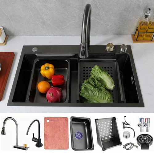 Évier de Cuisine Nano en Acier Inoxydable 304, évier Cascade Multifonction avec Robinet et bonde, Lave-Vaisselle, Montage encastré ou sous Plan (Couleur : Gris Canon, Dimensions : 75 x 45 x