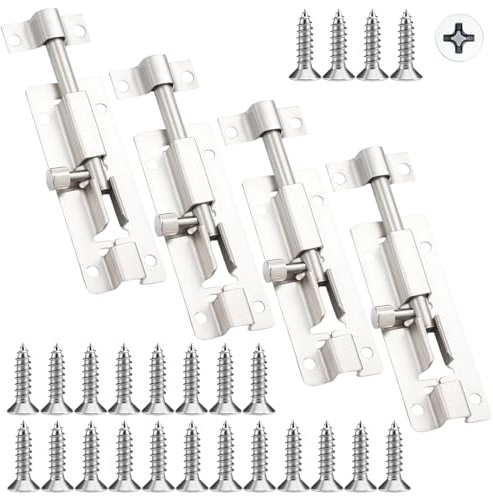 4 Stück Verriegelung, Türriegel Außen und Innen, Riegelschloss für Türen und Tore, Schieberiegel mit Edelstahl Bolzen und Schrauben, Ideal für Garten, Scheunen und Zäune