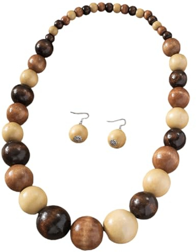 Colorful Natural Wood Round Beaded Strand Necklaces Bohemian Retro Multicolor Bib Big Round Bead Chunky Necklace Ethnic Costume Statement for Women Men Unisex Fashion Wedding Jewelry Gifts (Z-Brown Set)