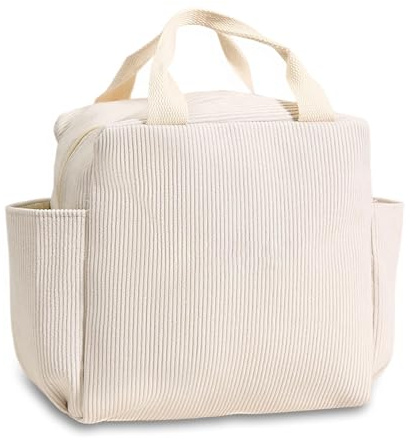 Beige Lunchtasche Erwachsene, Beige Kühltasche Klein für Unterwegs, Cord Lunchbag, Lunch Tasche für Kinder, Isolierte Mittagstasche mit Wasserfestem Futter für Arbeit, Picknick, Schule, 26×18.5×25cm