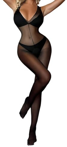 PARUPRUP Women's See Through Smooth Tank Bodystocking Lingerie Stretch Silk Full Bodysuit Catsuit (Black-Halter neck, One Size)